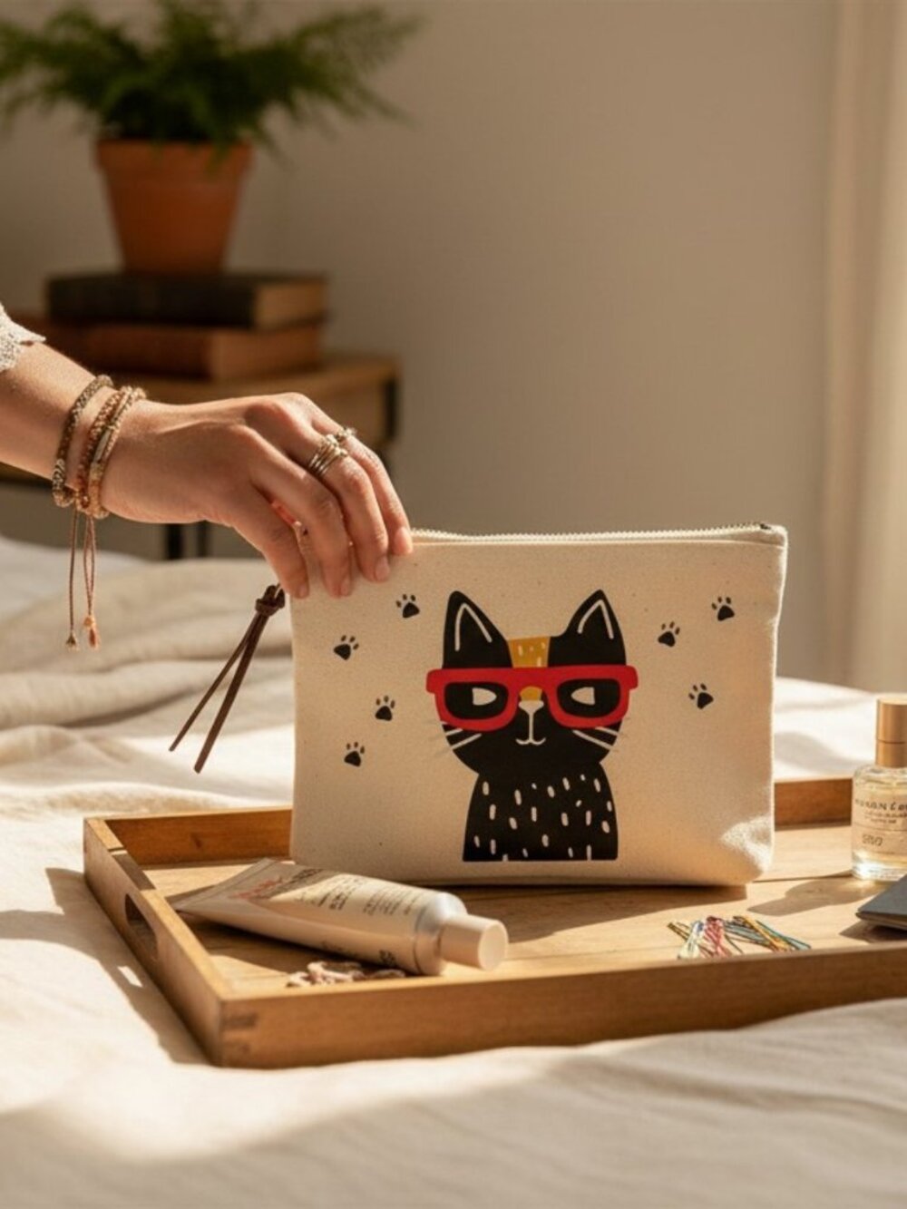 NEW Black Cat Kitten w Red Glasses Travel Essential Organizer Makeup Canvas Bag